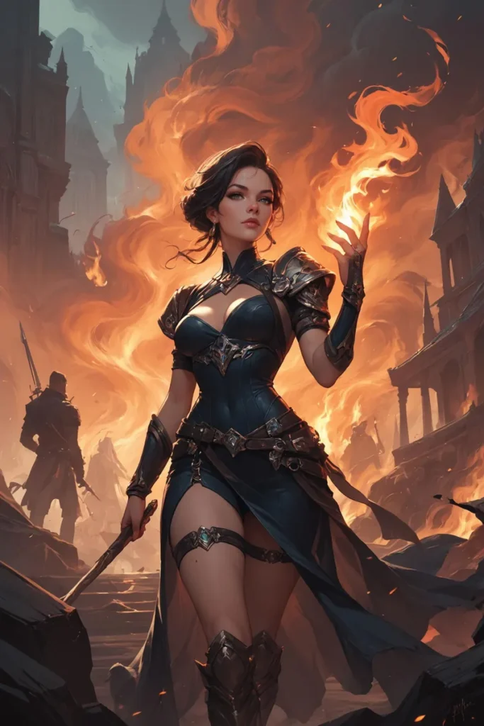 Fantasy warrior woman in dark armor, standing in a burning city with flames surrounding her. This is an AI generated image using Stable Diffusion.