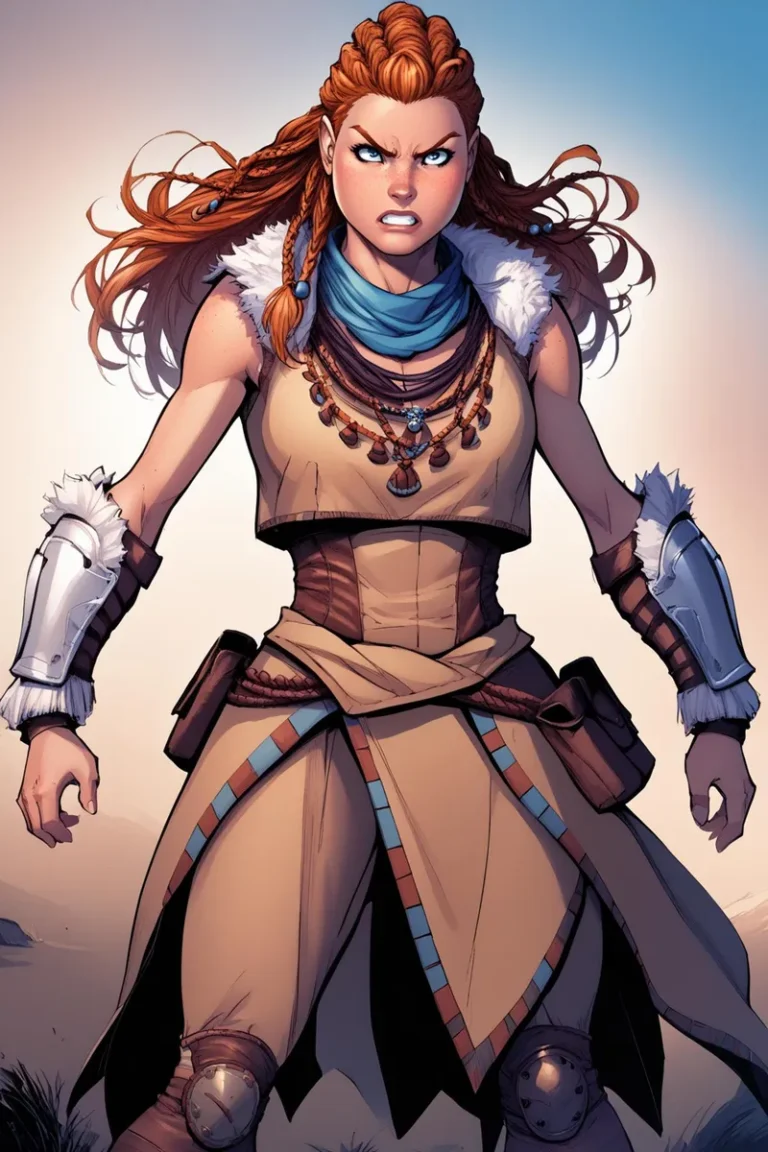 A fierce warrior woman with red hair in braids, brown and beige fantasy outfit, adorned with necklaces, and metal armguards. AI generated image using Stable Diffusion.