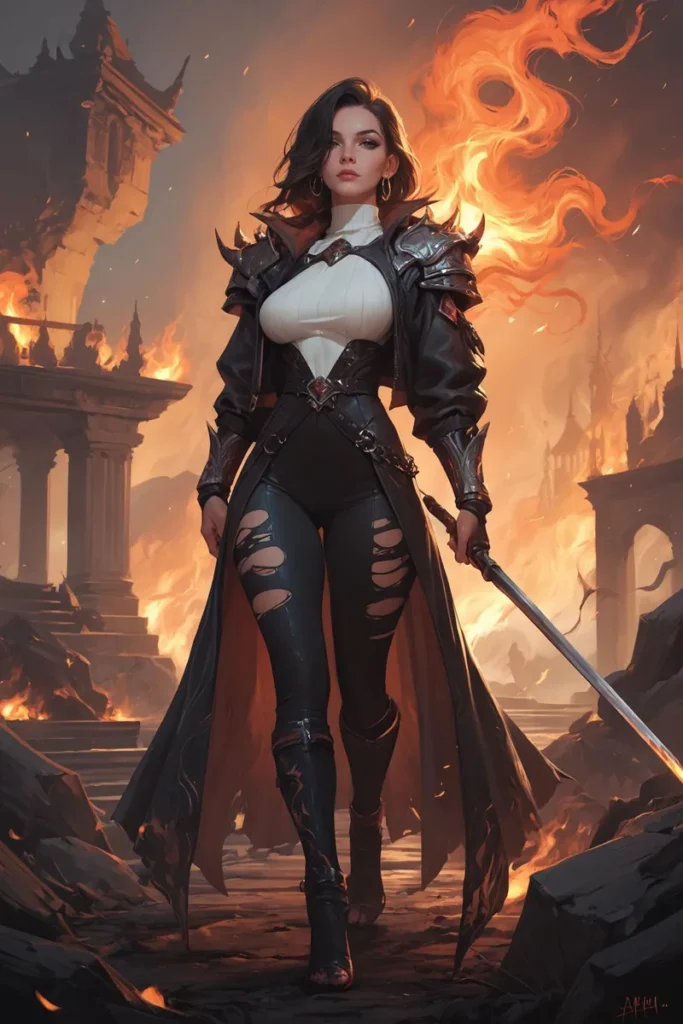 Warrior woman in a dark, apocalyptic scene with a sword, flaming ruins in the background, created using Stable Diffusion AI.