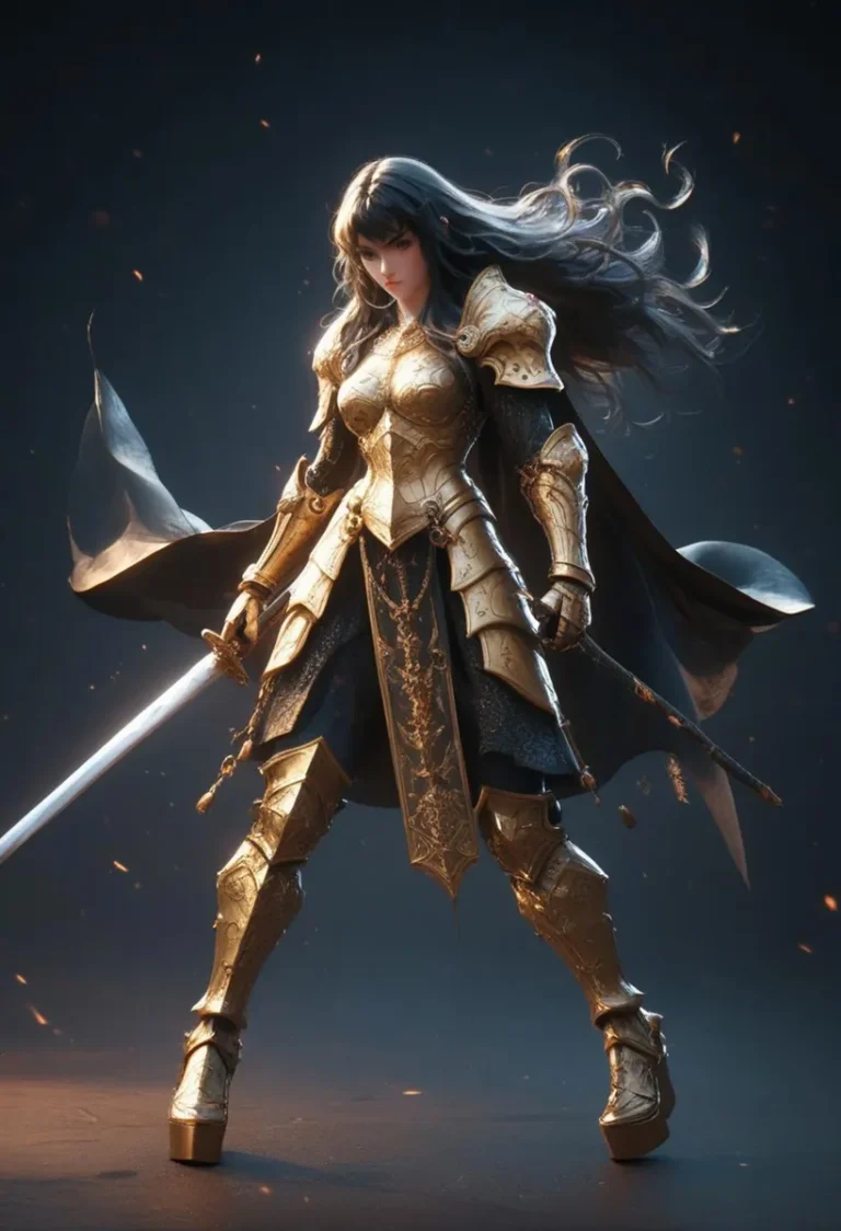 A warrior woman in ornate golden armor stands confidently with a sword in one hand and a flowing cape. This is an AI generated image using stable diffusion.