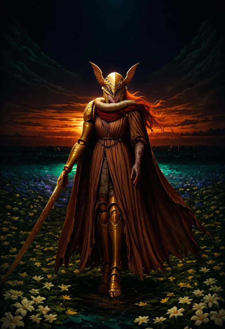 AI generated image using stable diffusion of a warrior woman in a golden armor standing in a field of flowers with a sunset in the background.