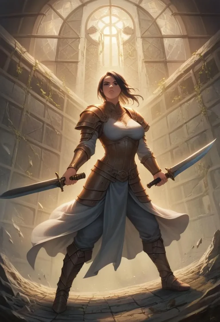 A digital painting of a warrior woman in detailed armor, holding two swords and standing in a grand, cathedral-like hall. This is an AI generated image using Stable Diffusion.