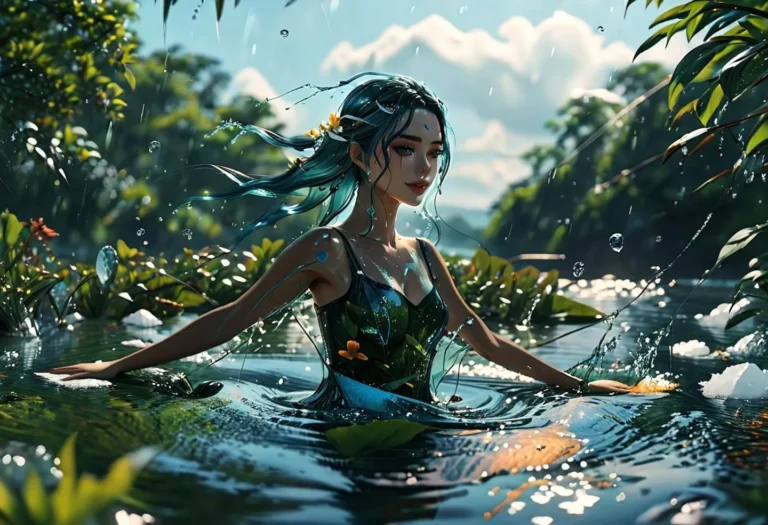 A water nymph with blue hair adorned with flowers, emerging from a lush, mythical forest pond. AI generated using Stable Diffusion.