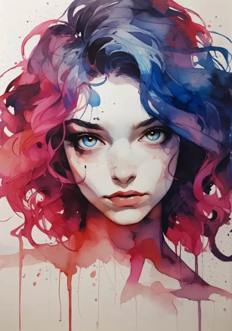 A vivid AI generated image of a young woman with colorful hair, merging blue and pink shades, rendered in a watercolor style using Stable Diffusion.