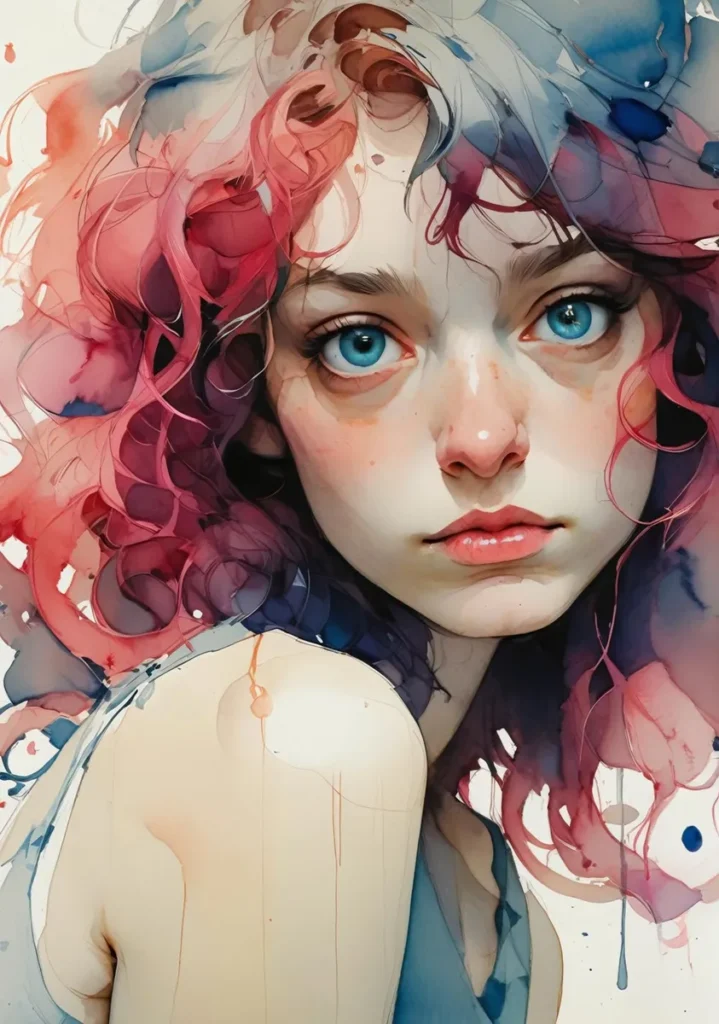 Watercolor portrait of a woman with vibrant pink, purple, and blue hair, expressive blue eyes, and a somber expression. AI-generated using Stable Diffusion.