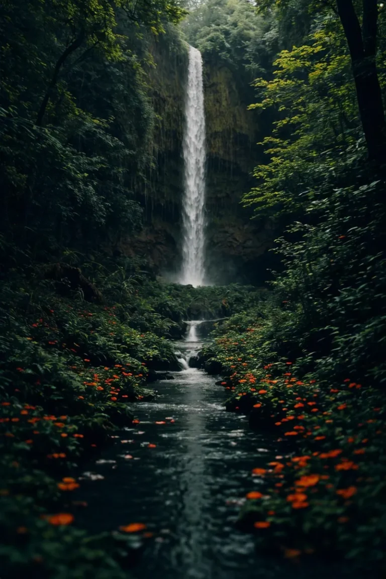 AI generated image using stable diffusion of a waterfall cascading down into a lush, green forest with a stream and red flowers in the foreground.