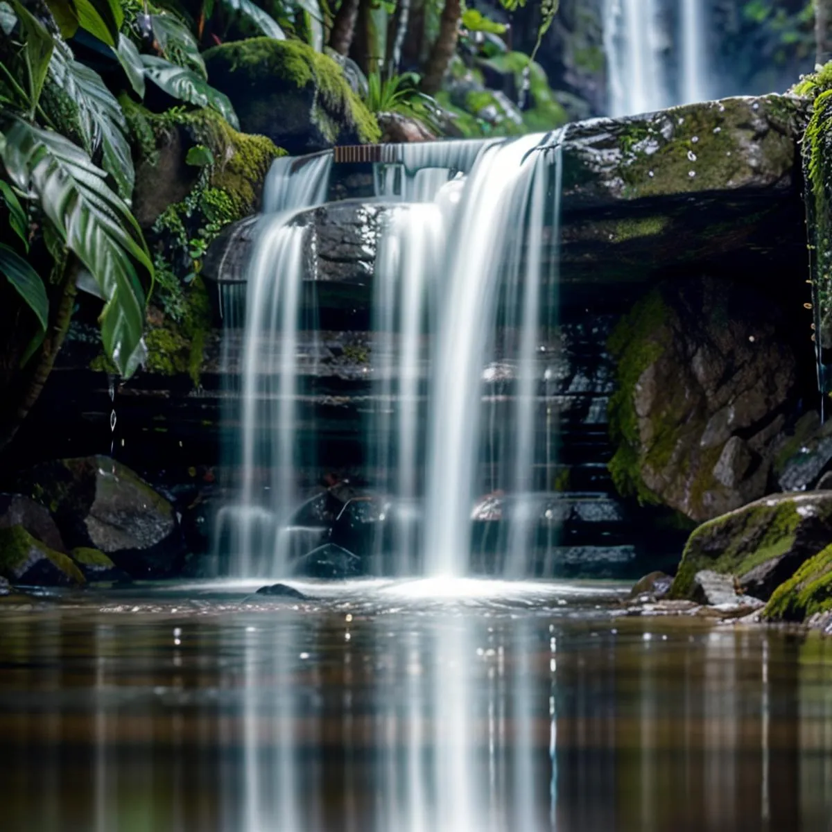 A serene waterfall cascading over moss-covered rocks in a lush, green forest. This is an AI-generated image using Stable Diffusion.