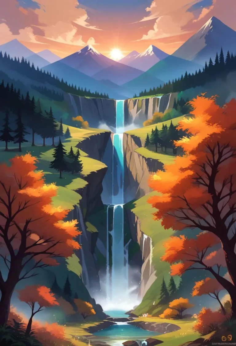 AI generated image using Stable Diffusion showing a waterfall cascading through a vibrant autumn landscape with mountains in the background.