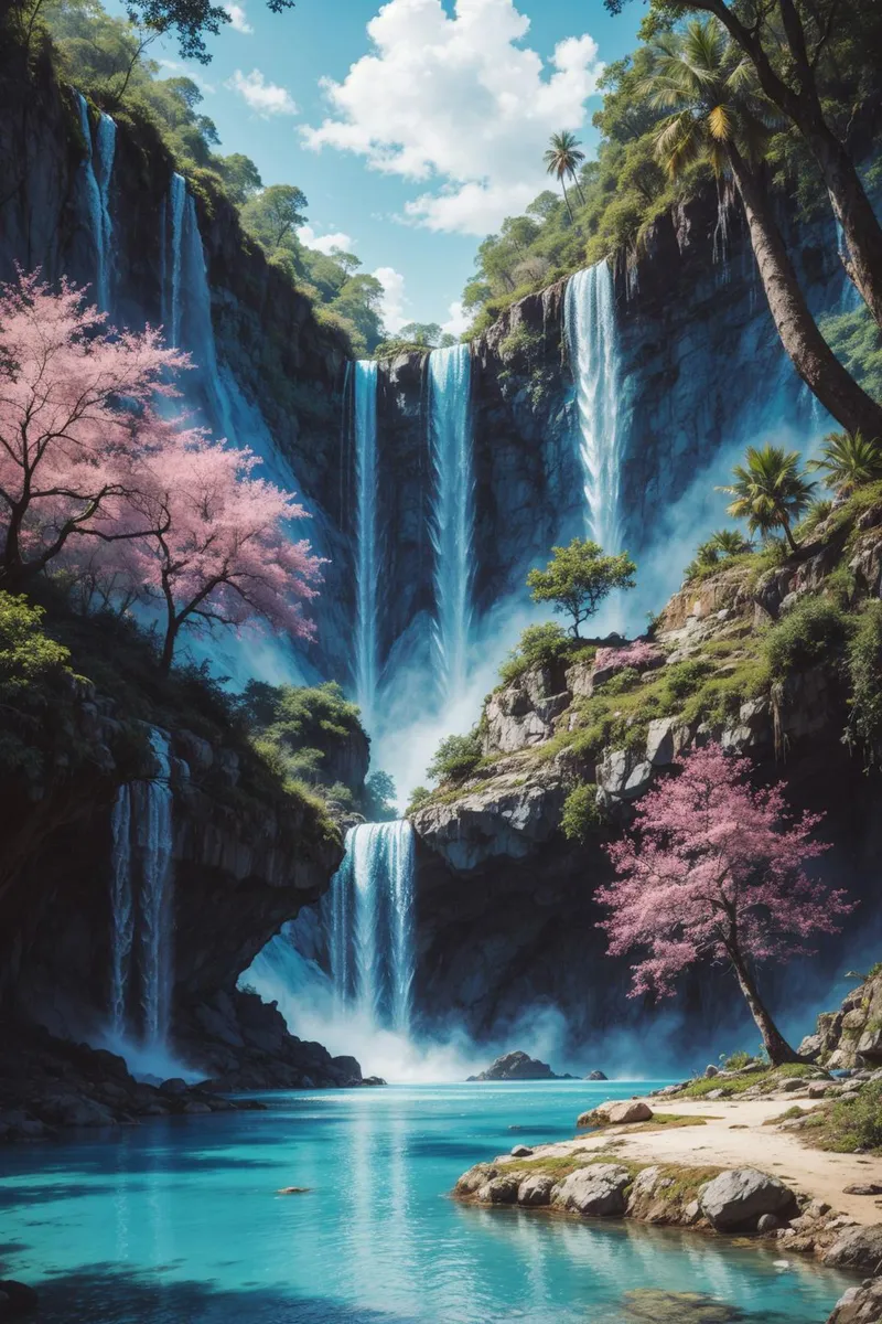 AI generated image of a serene waterfall landscape with pink and green trees using Stable Diffusion.