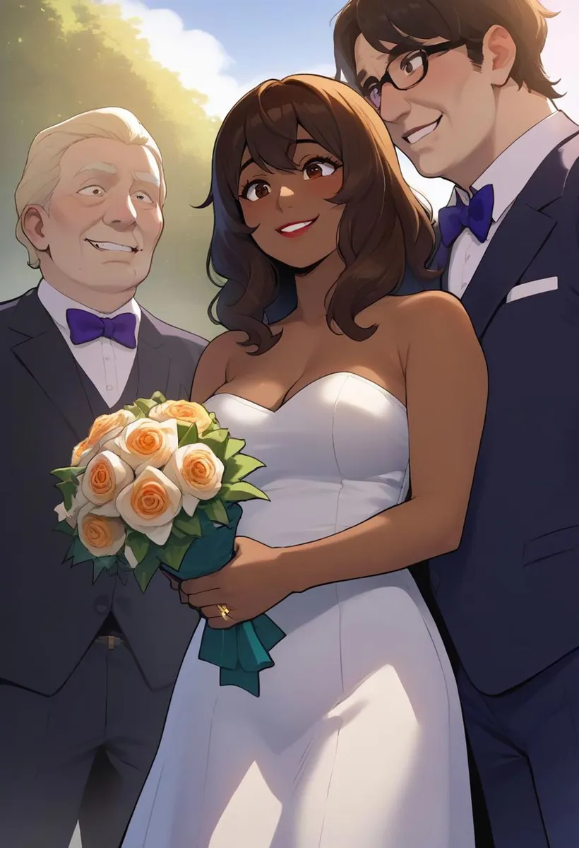 Smiling bride holding bouquet with two men in formal wear, AI-generated image using Stable Diffusion.