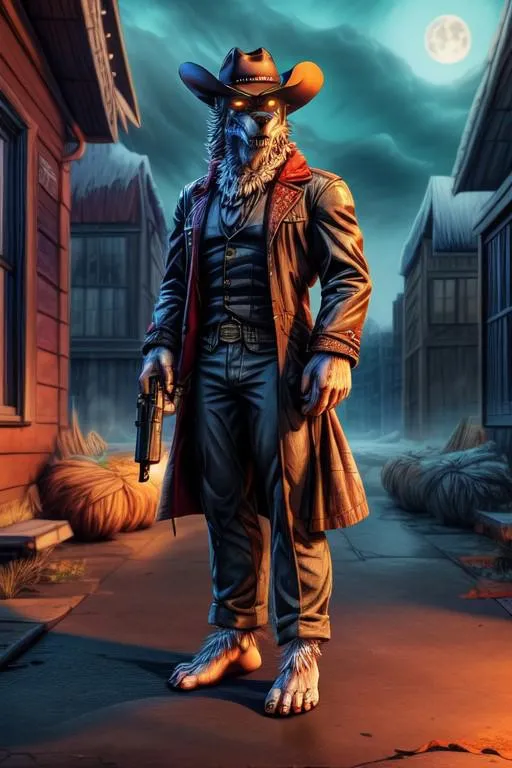 A ferocious werewolf clad in classic Wild West gunslinger attire, standing alert in a moonlit night scene generated using Stable Diffusion.