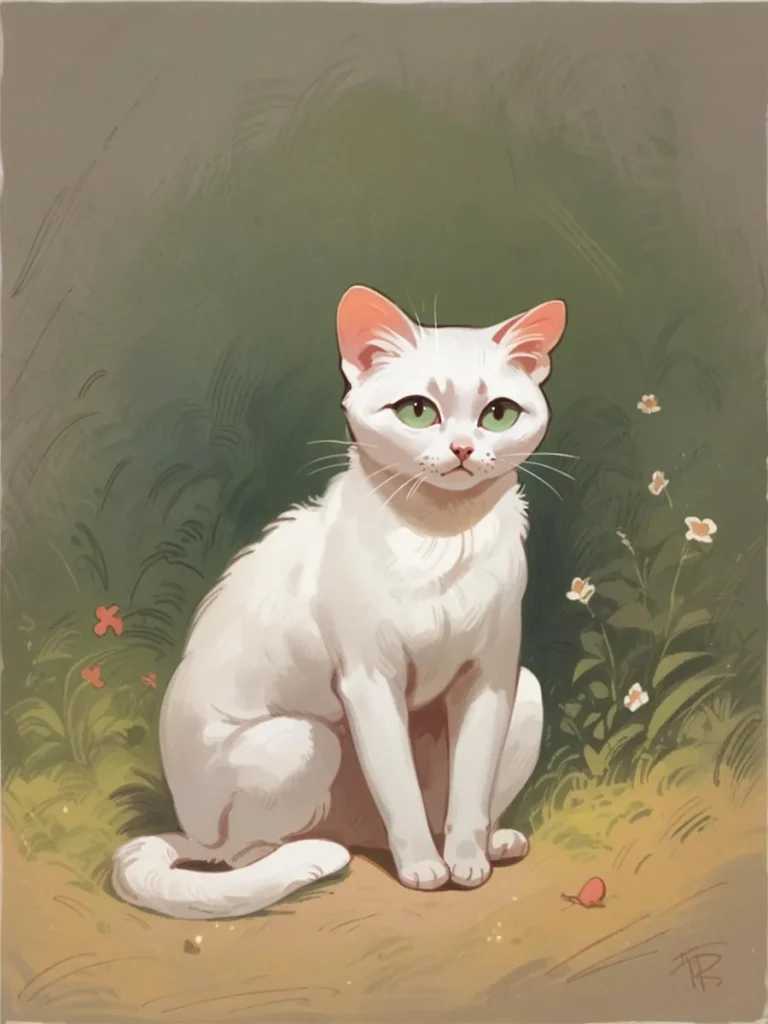 A detailed AI-generated illustration of a white cat with green eyes, created using stable diffusion.