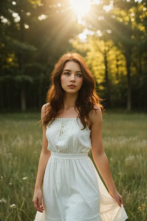 A young woman in a white dress standing in a sunlit forest, AI-generated using Stable Diffusion.