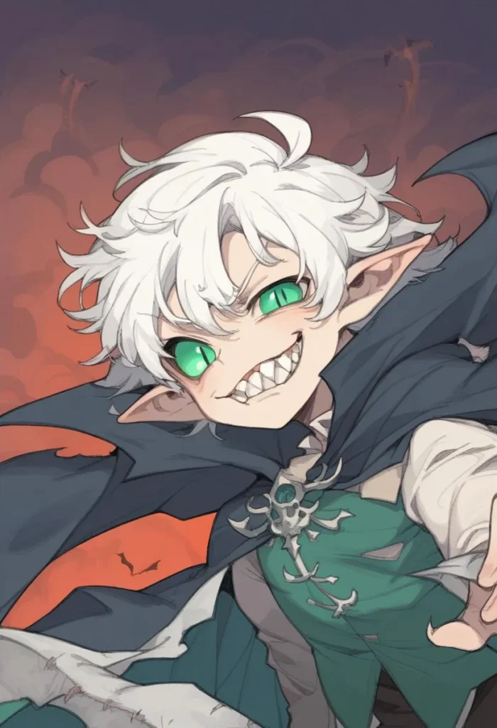 Detailed illustration of a white-haired elf with green eyes and a mischievous grin. This AI generated image uses Stable Diffusion.
