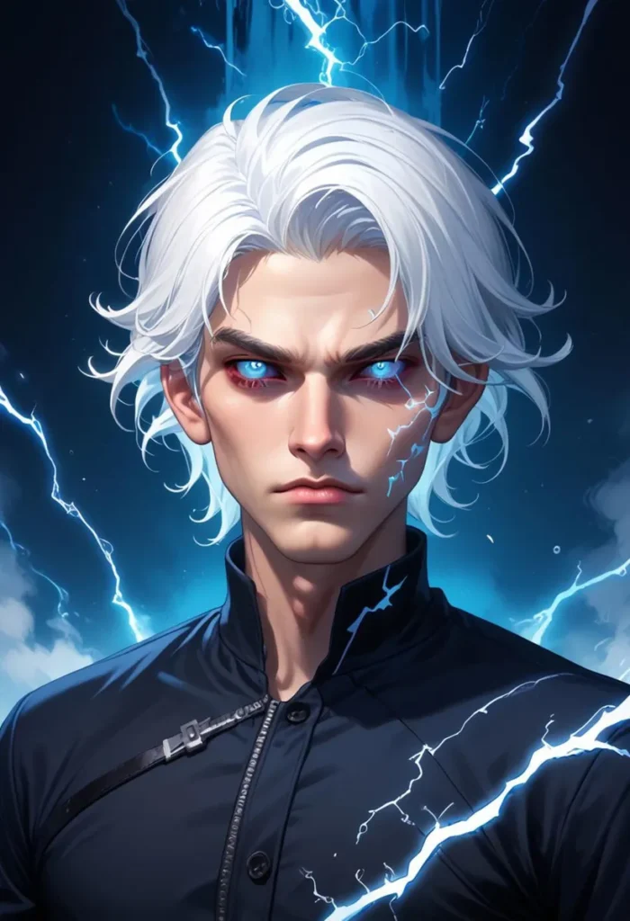 A striking image of an anime-style white-haired man with electric blue eyes, surrounded by lightning bolts. This is an AI generated image using stable diffusion.