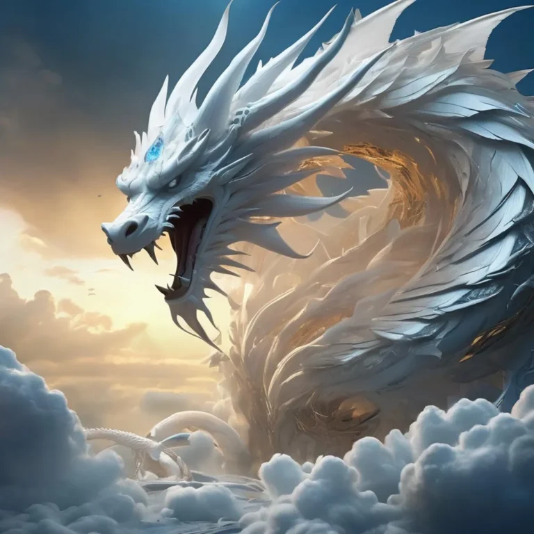 A majestic white dragon with fierce fangs and icy blue eyes soaring among clouds in a sunset sky. AI-generated image using Stable Diffusion.