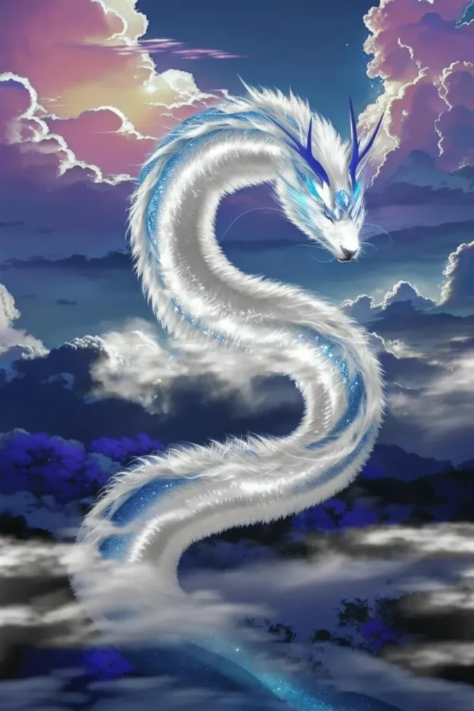 A majestic white dragon with blue horns and accents soaring through a fantasy sky with colorful clouds. This is an AI-generated image using Stable Diffusion.