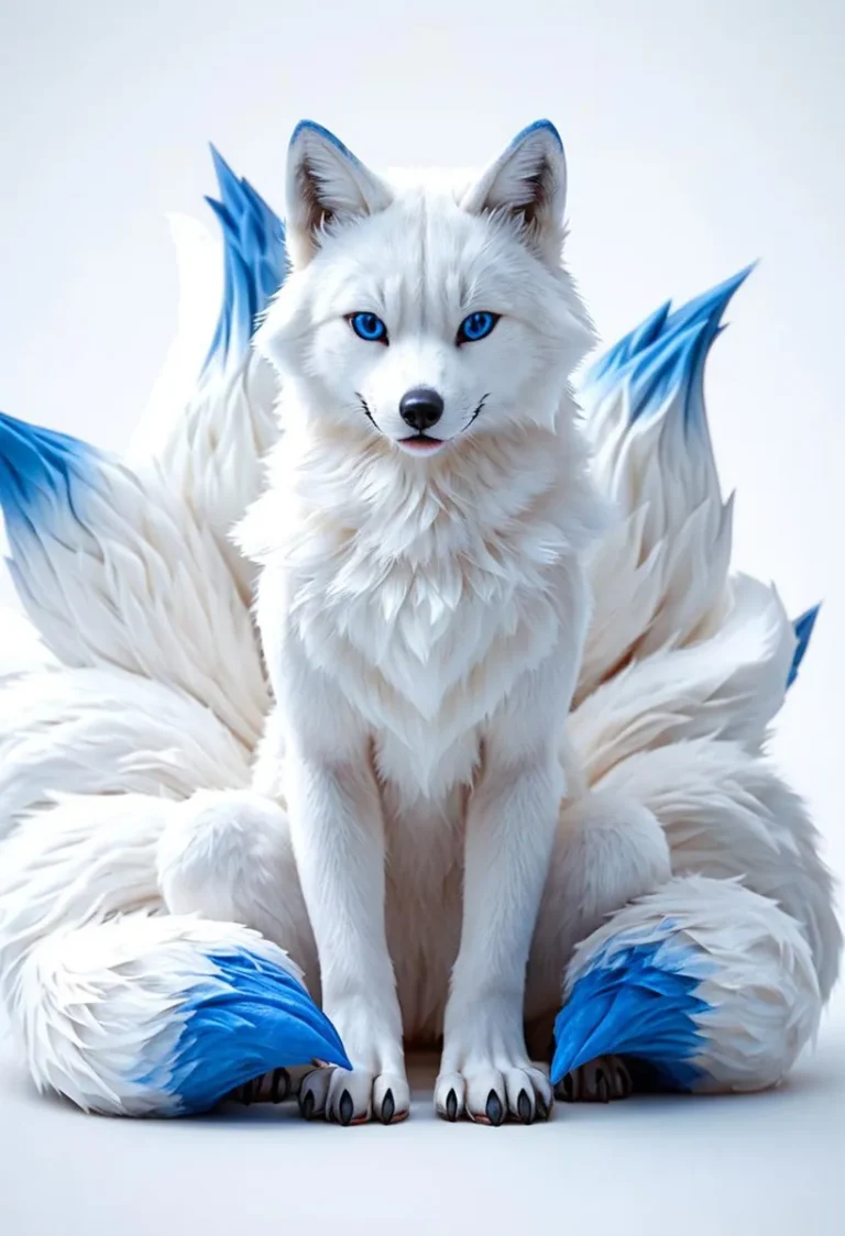 A white nine-tailed fox with blue-tipped tails, created using AI image generation with Stable Diffusion.