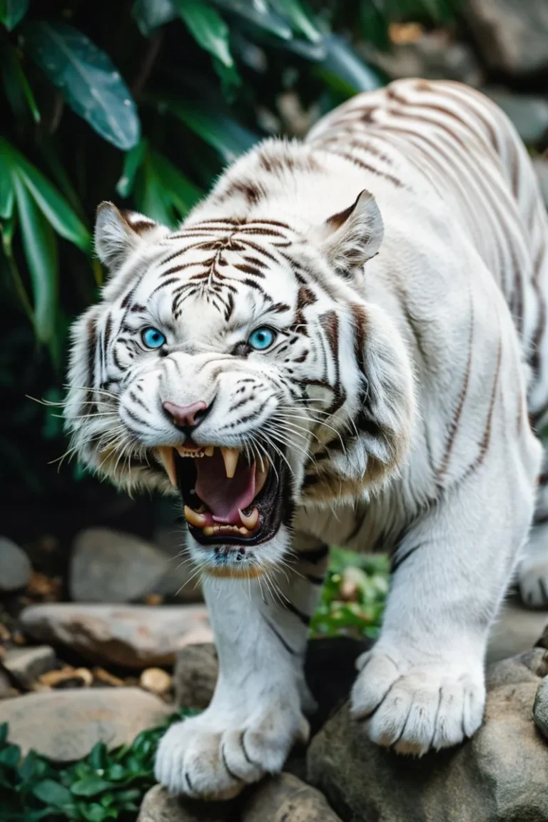 A white tiger with blue eyes and open mouth appears to be roaring amidst greenery. AI generated image using Stable Diffusion.