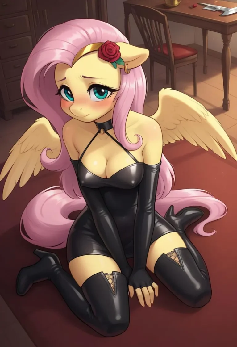 An AI generated image using stable diffusion showing an anime-themed girl with pink hair, wearing a black leather outfit, and having wings and a rose headpiece.