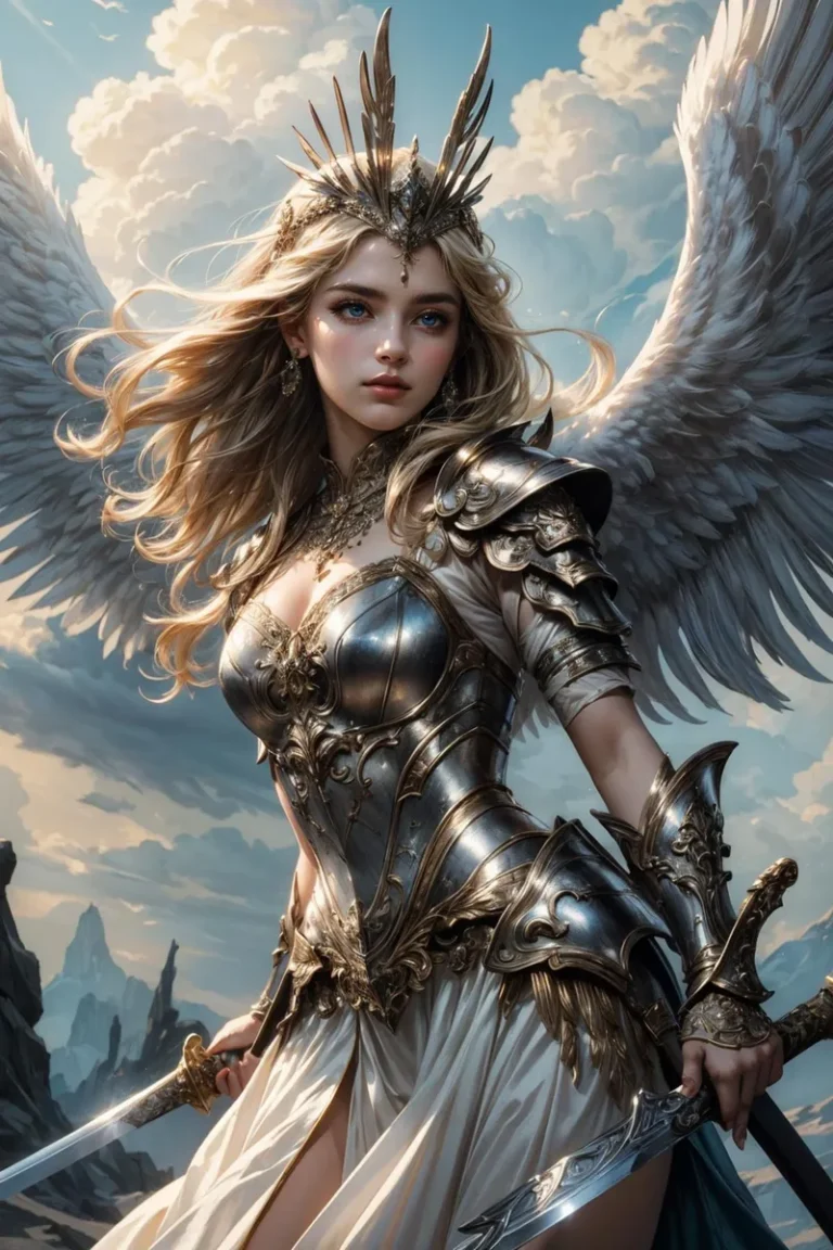 A stunning AI generated image using stable diffusion of a winged warrior angel with blonde hair, clad in intricately designed silver and gold armor, holding a sword.