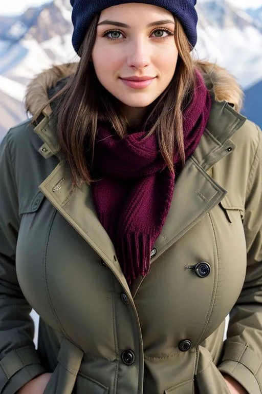 AI generated image of a woman in a green winter coat, maroon scarf, and blue beanie with a mountainous background using Stable Diffusion.