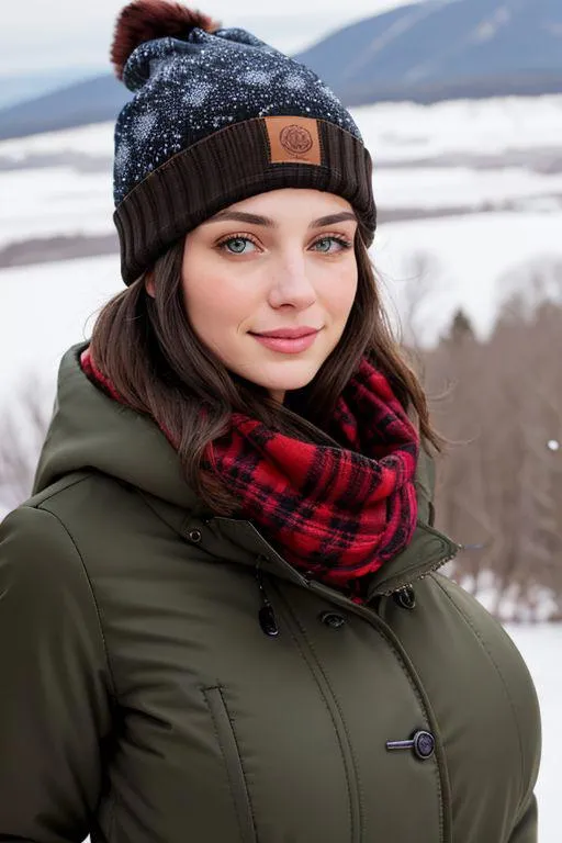 A woman standing outdoors in a wintry landscape wearing a knitted hat with pom-pom, red plaid scarf, and dark green winter jacket. AI generated image using stable diffusion.