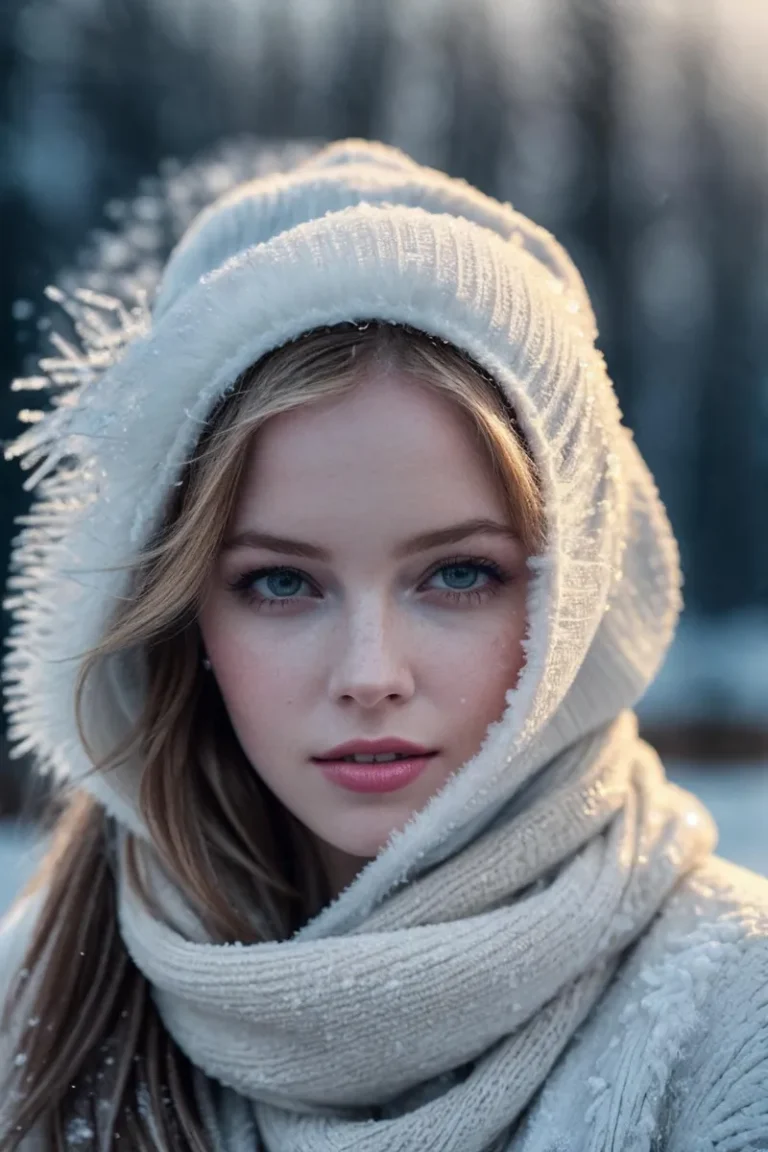 A realistic AI-generated image using stable diffusion, featuring a woman wearing a white woolen hat and scarf standing in a snowy landscape.