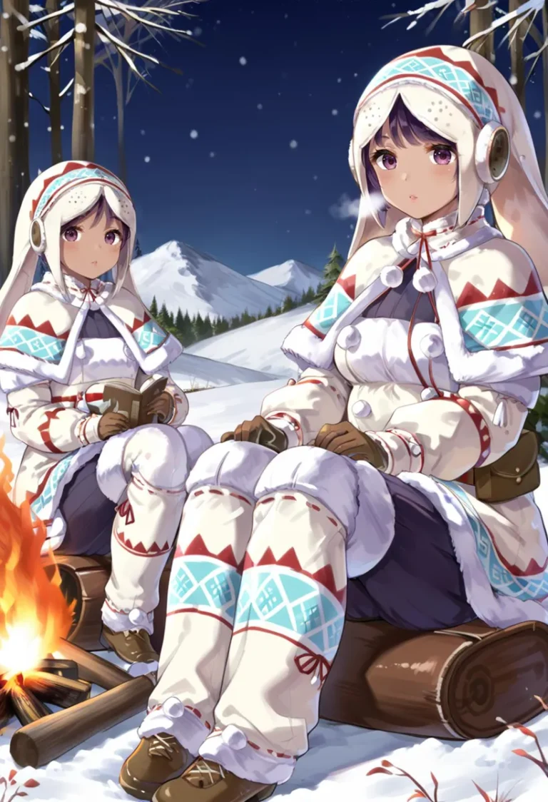 Two anime-style characters in winter attire sitting beside a campfire in a snowy forest. AI generated image using Stable Diffusion.