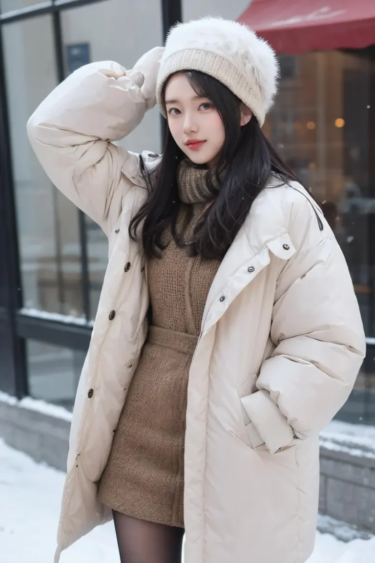 Woman in a cozy winter outfit with a beige hat and puffer jacket, generated by AI using Stable Diffusion.