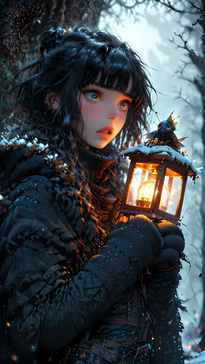 Girl with dark hair holding a lantern in a snowy winter forest, AI generated using Stable Diffusion.