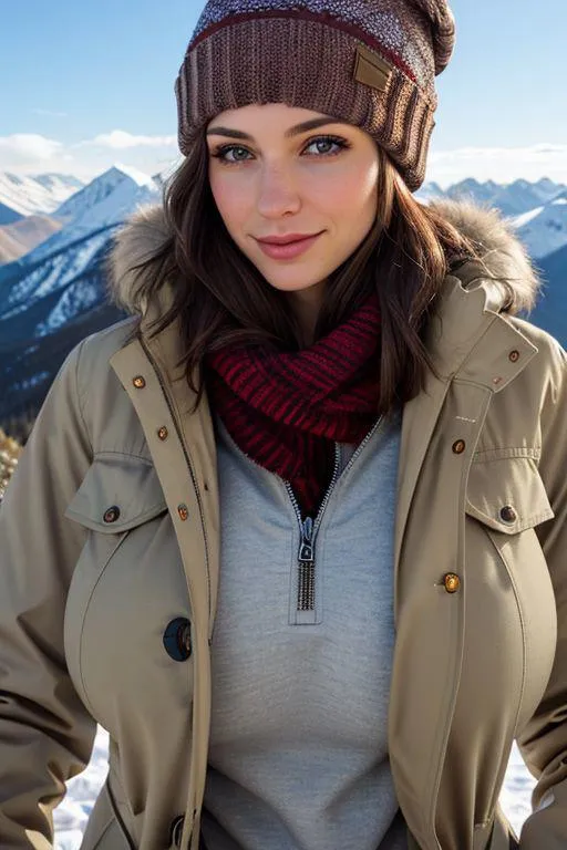 A woman in a winter jacket, beanie, and scarf with snow-covered mountains in the background. AI generated image using Stable Diffusion.
