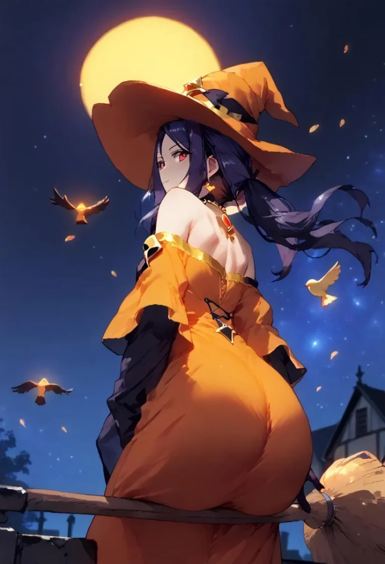Anime-style witch wearing an orange dress and hat, holding a broomstick under the moonlight. Stable Diffusion AI generated.