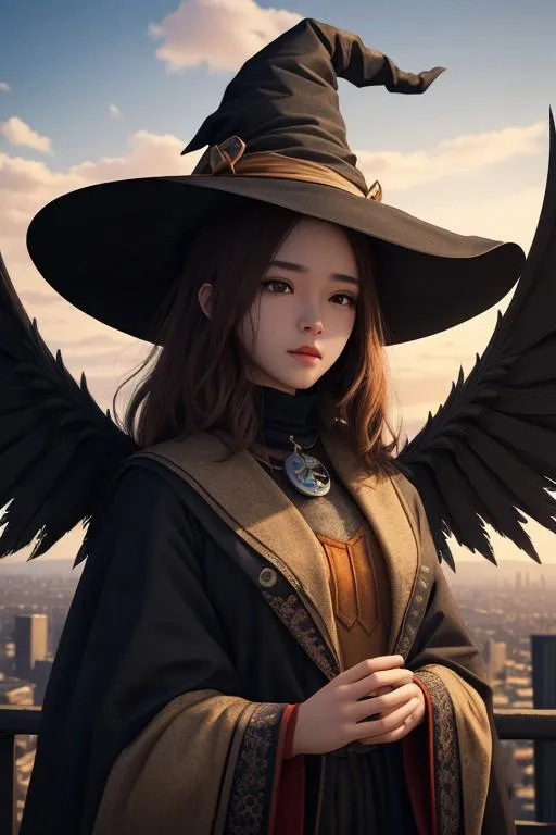 AI generated image of a young woman with black wings, wearing a black witch hat and medieval-style robes, with a cityscape background, created using stable diffusion.