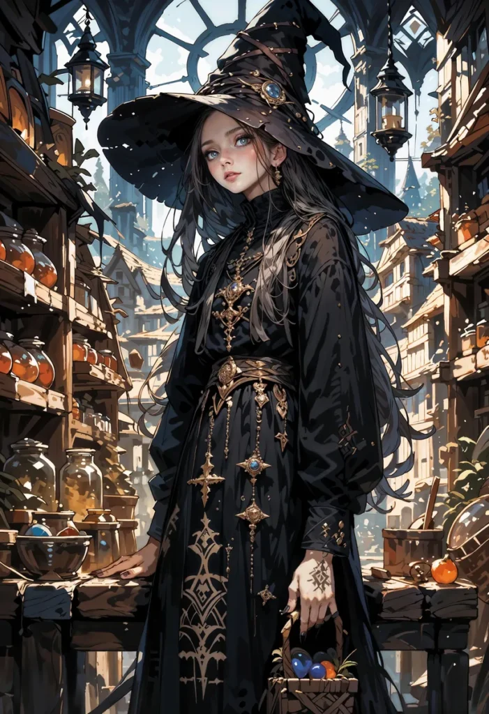 Stylish witch in a black dress with intricate golden jewelry and a tall hat stands in a detailed medieval market, showcasing AI-generated art using Stable Diffusion.