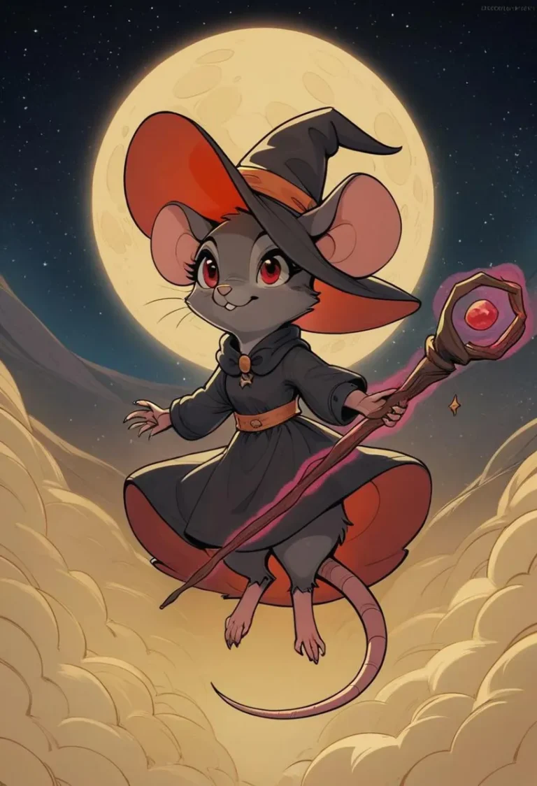A whimsical AI generated image using stable diffusion of a witch mouse with red eyes and a magic staff, flying against a full moon background.