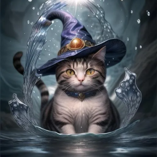 Wizard cat wearing a blue magic hat, created using Stable Diffusion AI.