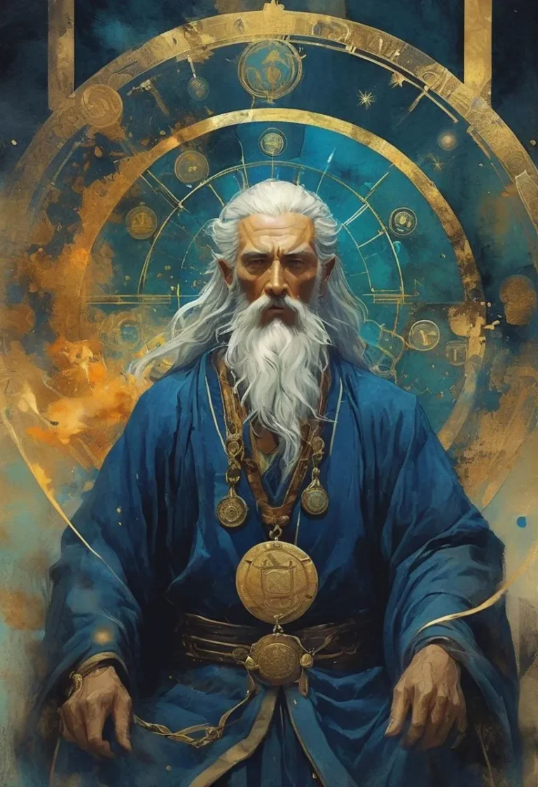 Mystical portrait of an elderly wizard with a long white beard, wearing ornate blue robes and gold medallions, standing before an intricate astrological background. AI generated image using Stable Diffusion.