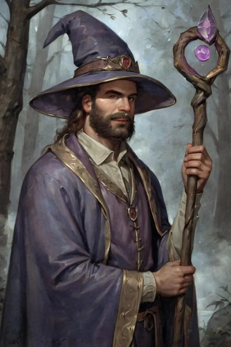 A wizard dressed in a purple robe and wearing a pointed hat, holding a staff adorned with crystals, standing in an enchanted forest. This is an AI generated image using Stable Diffusion.