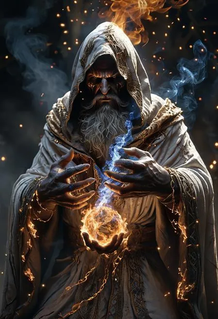 A wizard in robes casting a magical fire and ice spell from his hands. AI generated image using Stable Diffusion.