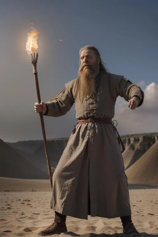 Wizard warrior in long robe holding a torch and standing in a vast desert landscape under a clear sky, AI generated using Stable Diffusion.
