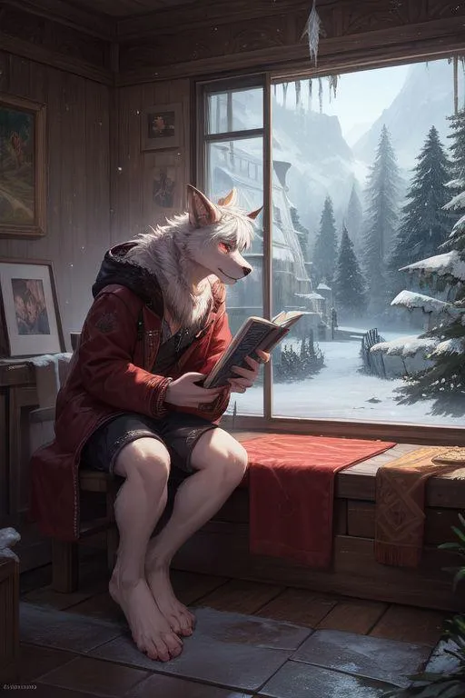 AI-generated image of an anthropomorphic wolf sitting in a cozy winter cabin reading a book. Created with Stable Diffusion.