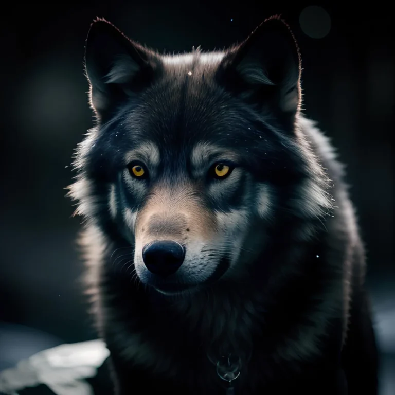 Close-up of a realistic AI-generated wolf with piercing amber eyes in a dark moody background using stable diffusion.