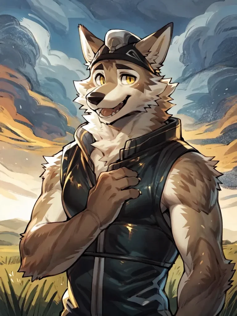 Anthropomorphic wolf standing in a field with a sunset background. AI generated image using Stable Diffusion.