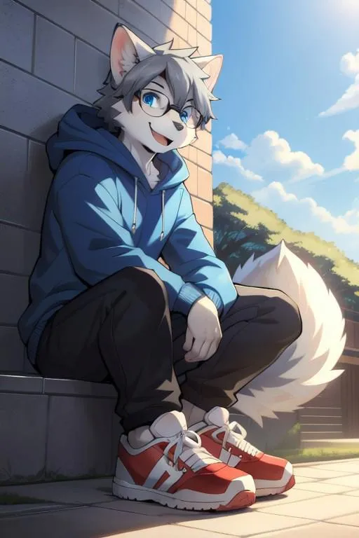 Anthropomorphic wolf character wearing a blue hoodie and red sneakers, sitting against a brick wall, AI generated image using Stable Diffusion.