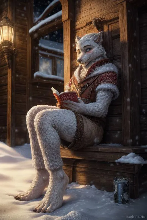 A white wolf humanoid seated outside a wooden cabin, engrossed in reading a book. Snow-covered landscape with a lantern illuminating the scene. AI-generated image using Stable Diffusion.