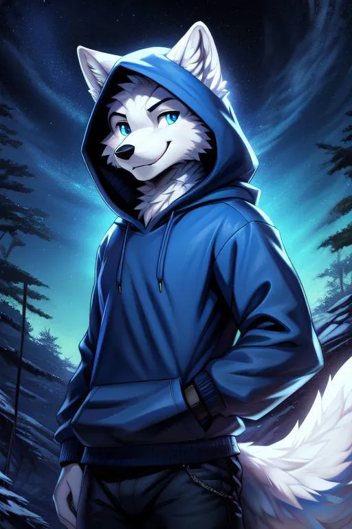 An anthropomorphic white wolf character in a blue hoodie, created using Stable Diffusion AI image generation.