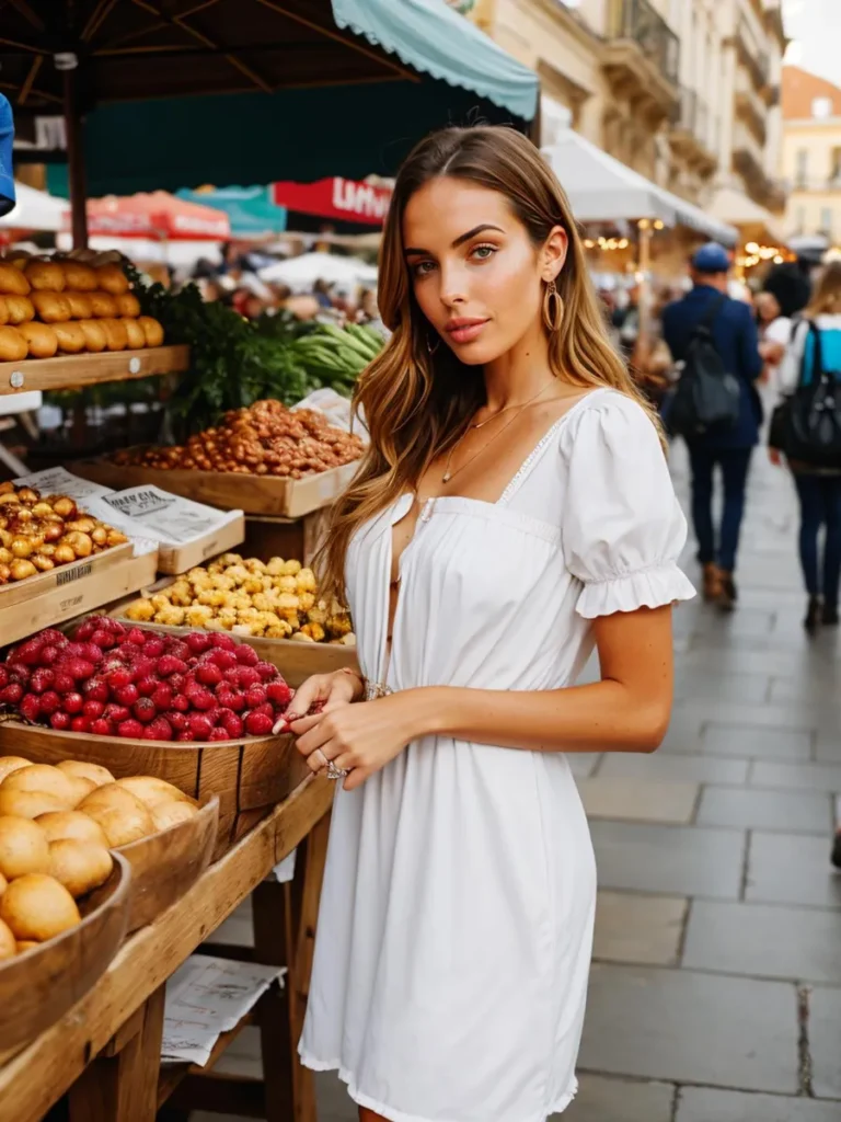 A woman in a white dress standing at a street market stall with various fruits and pastries, created using Stable Diffusion.