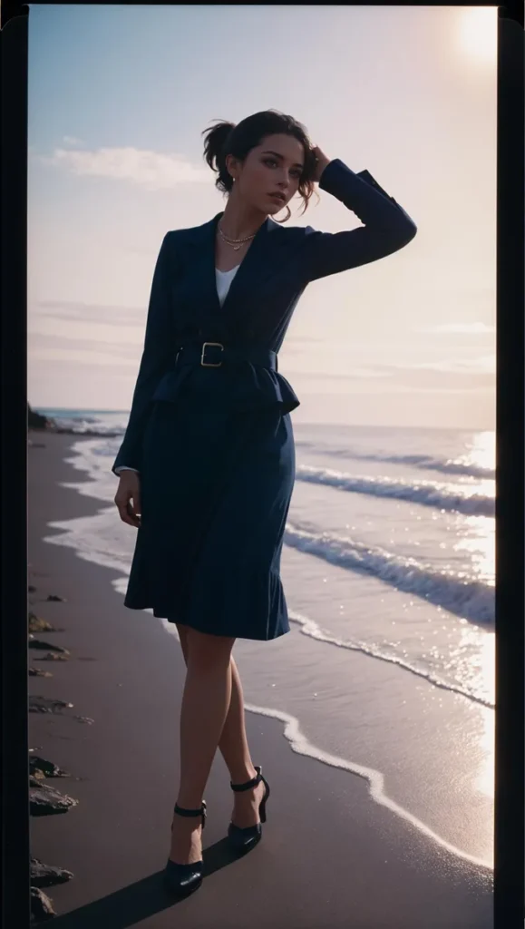 AI generated image of a woman in an elegant dress standing on a beach at sunset using stable diffusion.