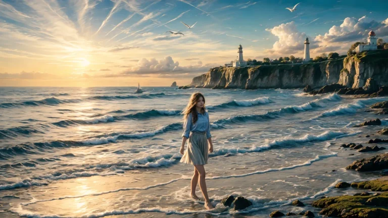 AI generated image using Stable Diffusion of a woman in a light blue shirt and skirt walking along the seaside at sunset with cliffs and lighthouses in the background.